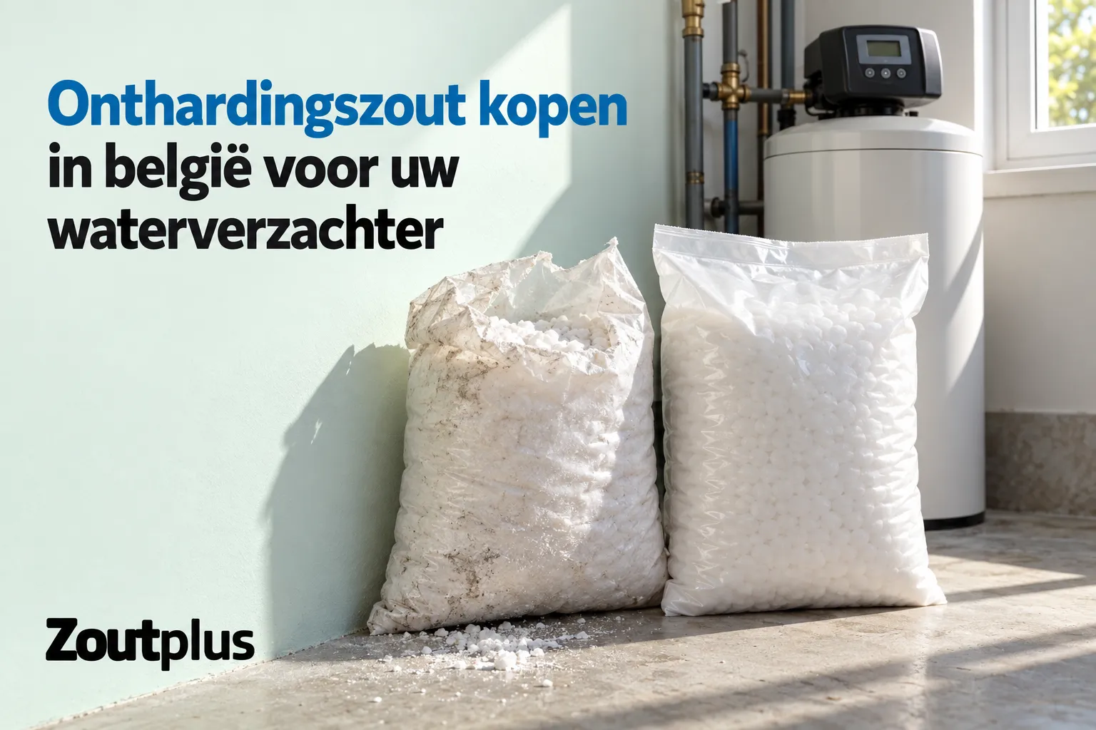 Onthardingszout kopen belgië voor uw waterverzachter : twee zakken onthardingszout in een kelkstraat, met een waterontharder en keukenomgeving op de achtergrond.