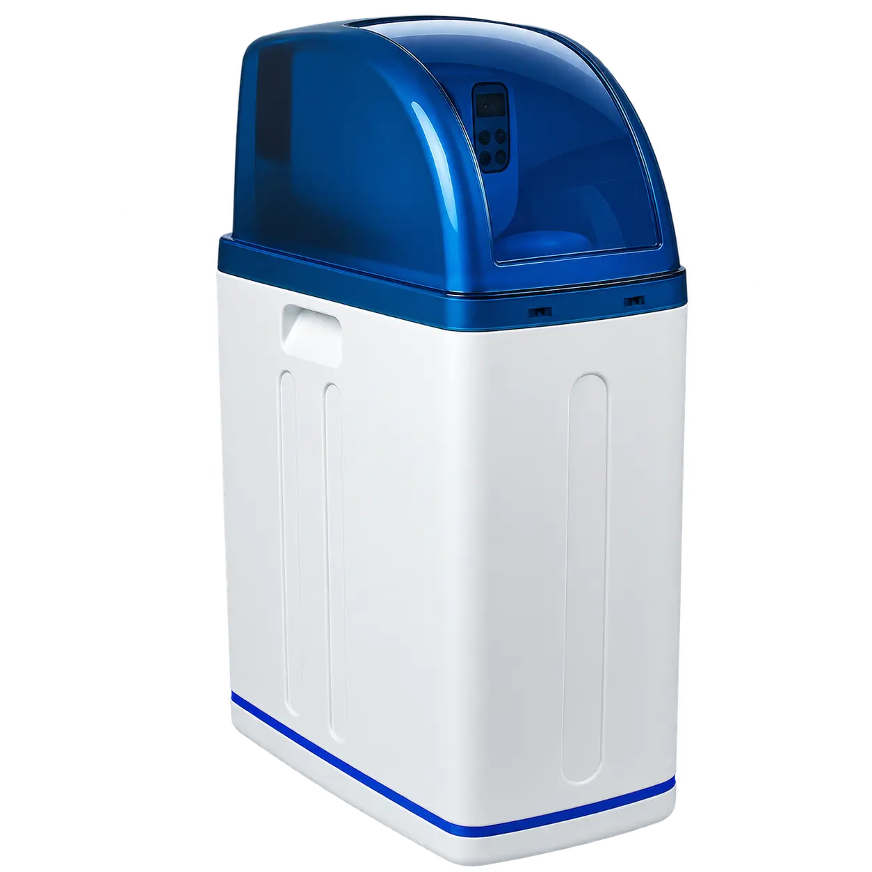 Waterontharder onderhoud: compacte waterontharder in wit/blauw met displaykader, klaar voor onderhoudscontrole.