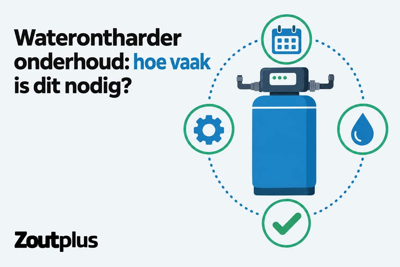 Waterontharder onderhoud: hoe vaak is dit nodig? Levensvatbare afbeelding met een waterontharder en cirkels rondom, symbool voor onderhoud, water, onderhoudsgerei en een controle-teken. waterontharder onderhoud hoe vaak integreren: Waterontharder onderhoud hoe vaak in beschrijving verwerkt.