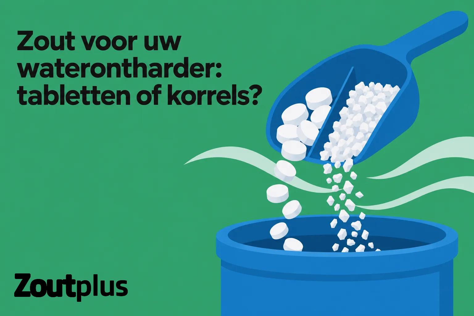 Schudende hand en schep met tabletten en korrels boven een waterontharder; witte tabletten en korrels vallen in een blauwe