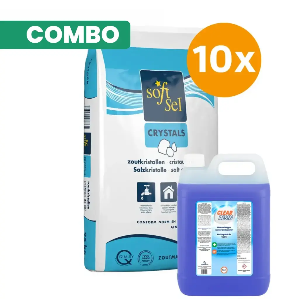 Combo 10x Soft Sel Crystals 25 KG + 5 L Resin Cleaner – Complete Water Softener Set