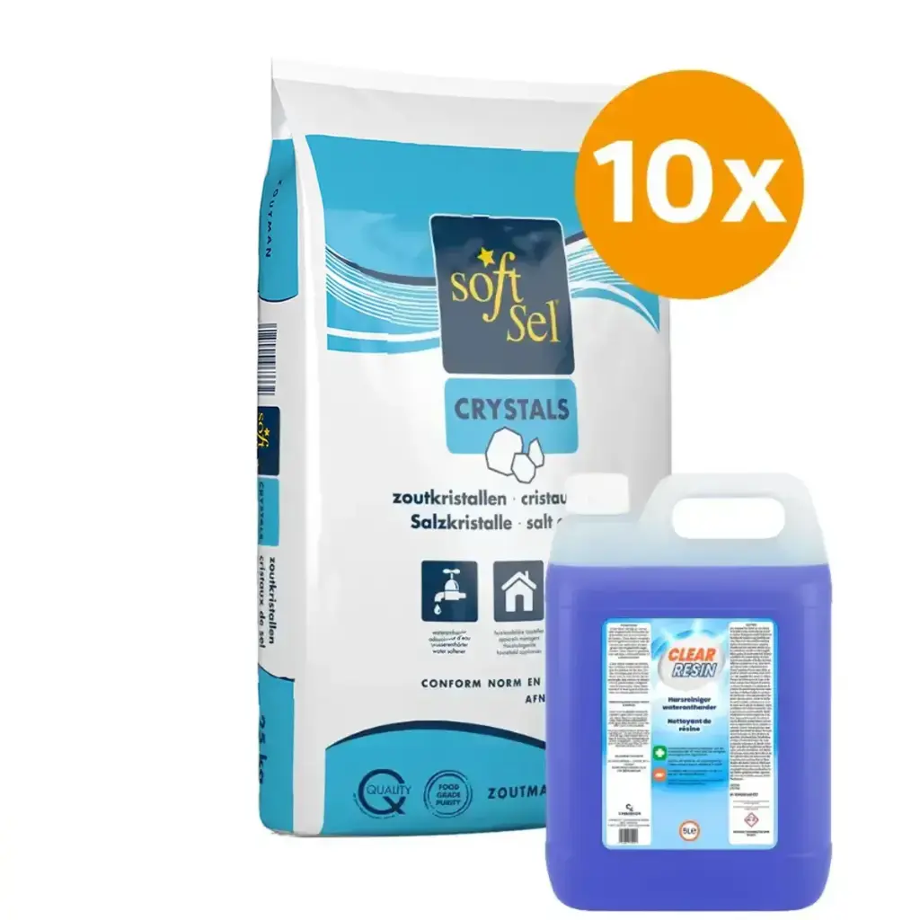 Kit complet d'adoucisseur d'eau : 10 sacs de soft sel cristaux (25 kg) + 5 L de nettoyant pour résine