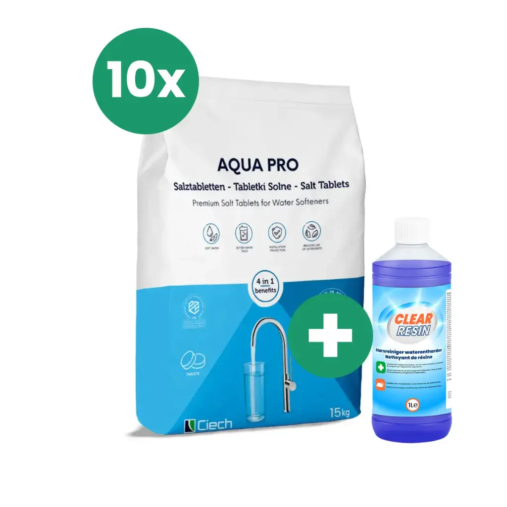 Combo 10 x 15KG Aqua Pro Zouttabletten Waterontharder + 1L Harsenreiniger - Voordeelpakket